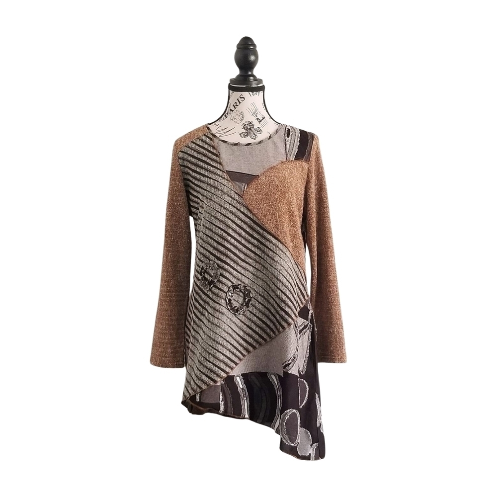 Brown Grey Asymmetrical Patchwork Tunic Dress XL Boho Artsy Neutral Indie Y2K